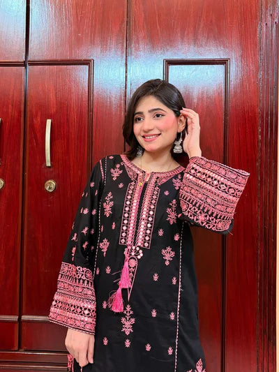 Contemporary Black Kurti with Bell Sleeves and Tulip Shalwar