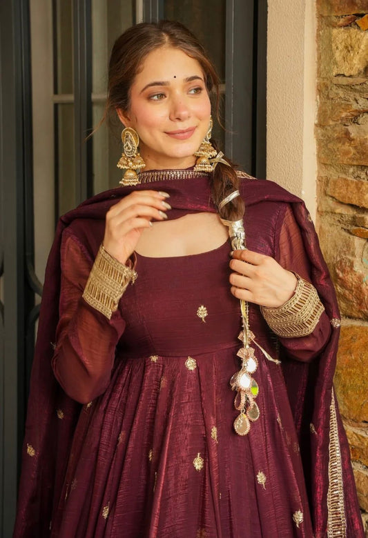 Traditional Maroon Silk Anarkali Outfit
