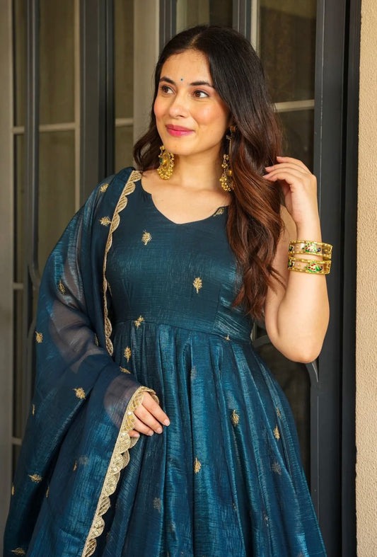 Luxury Teal Silk Anarkali Outfit
