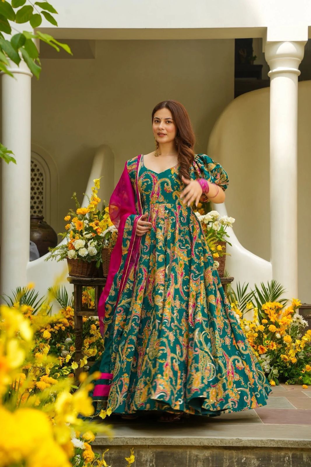 Designer Flowy Maxi Dress with Heavy Print and Hot Pink Dupatta – Omg  Clothing Store
