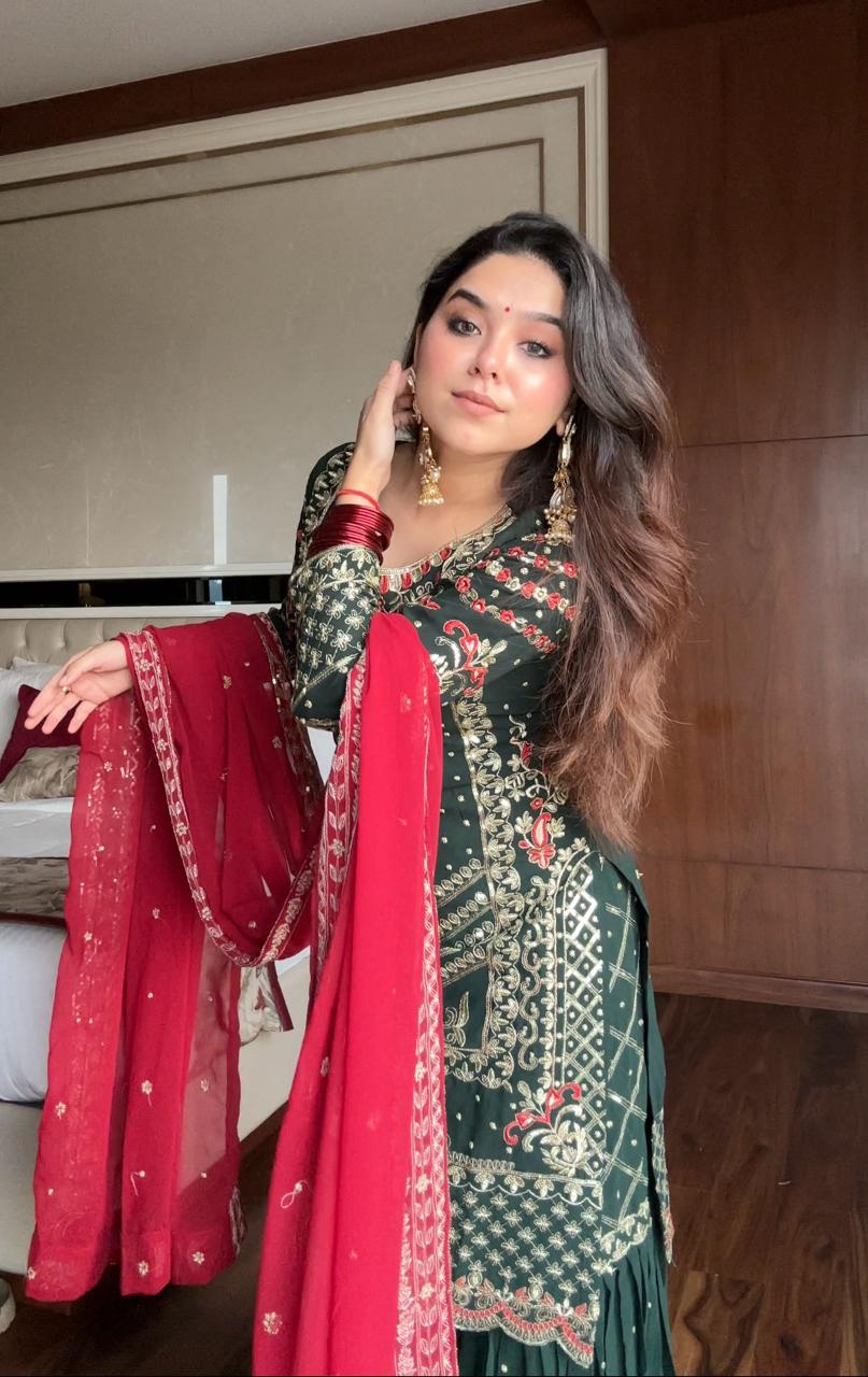 Festive Dark Green Georgette Sharara Set