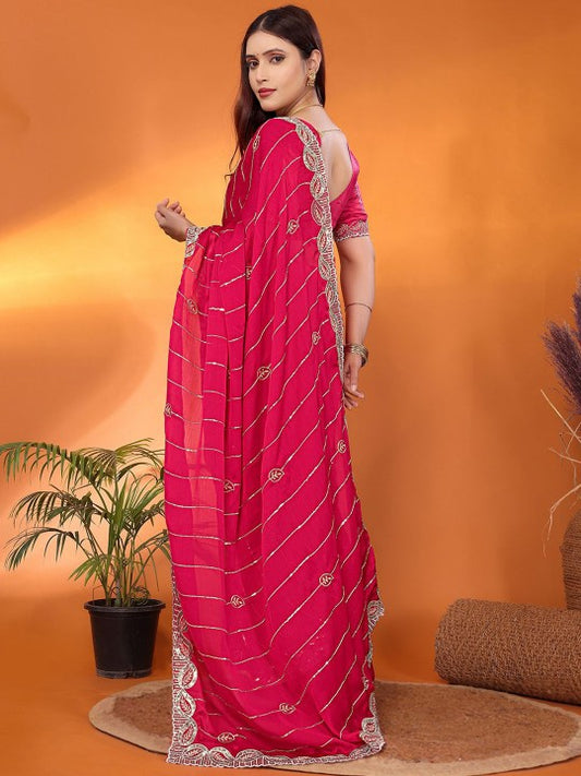 Festive Hot Pink Designer Saree with Diagonal Embroidery