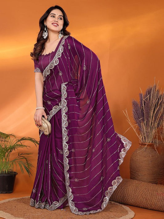 Bollywood Style Silk Blend Saree in Wine Color