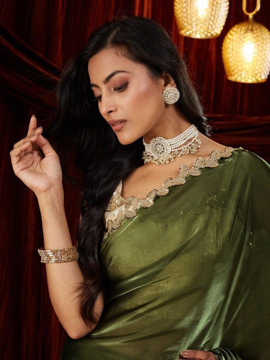 Designer Moss Green Plain Saree with Delicate Zari Border Wor