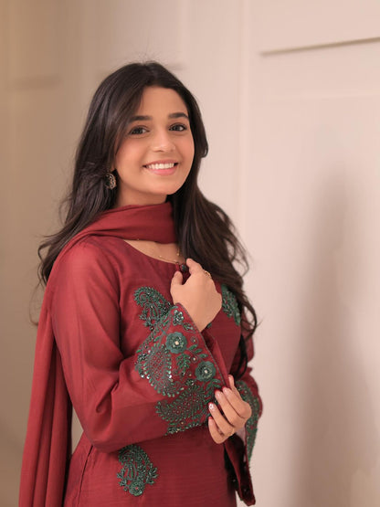 Luxury Maroon Embroidered Suit Set
