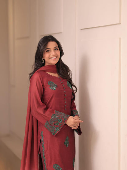 Luxury Maroon Embroidered Suit Set