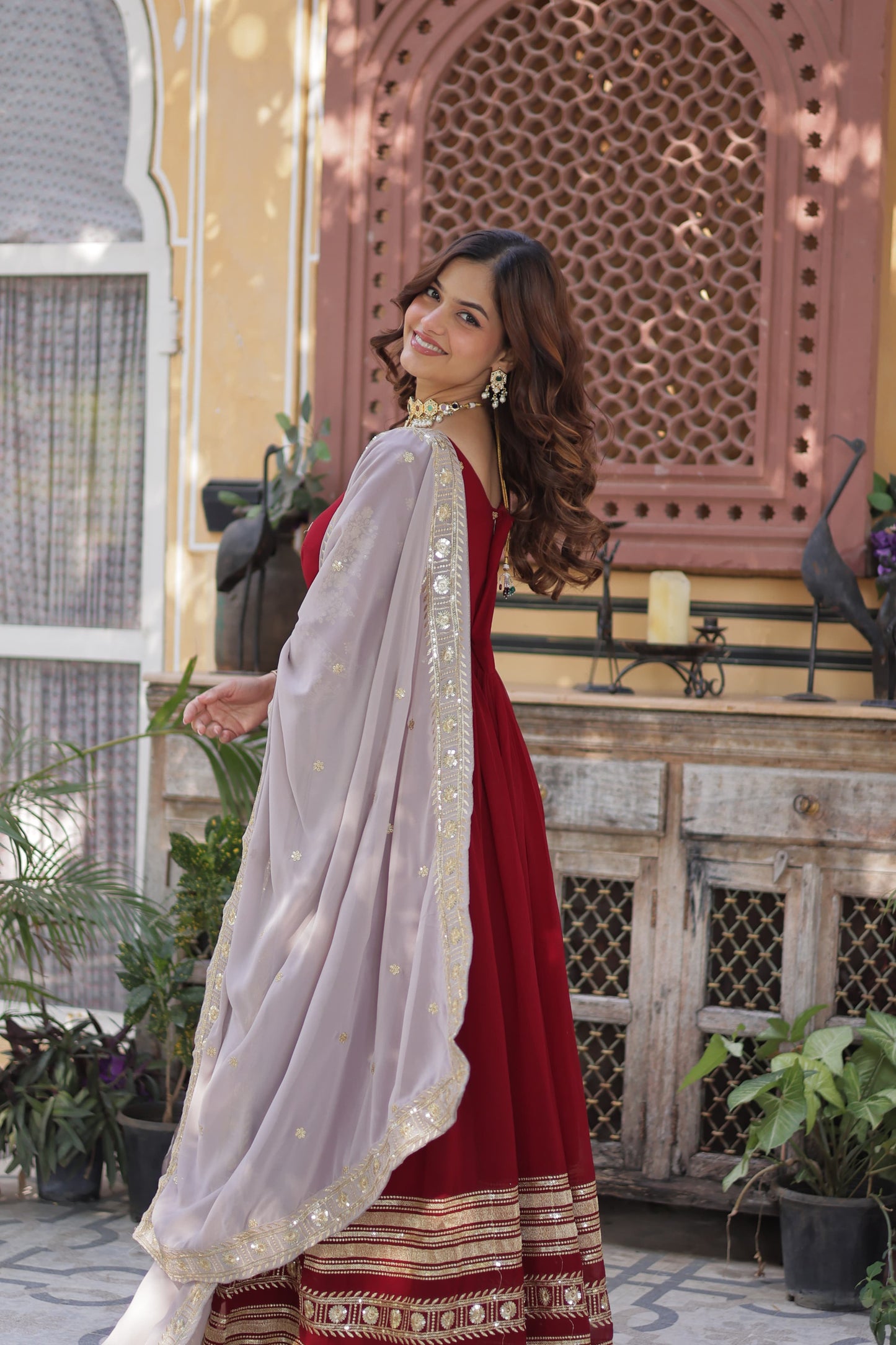 Festive Maroon Anarkali Dress for Wedding Events