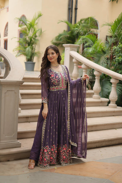 Regal Aubergine Anarkali Gown with Multi Color Floral Embroidery