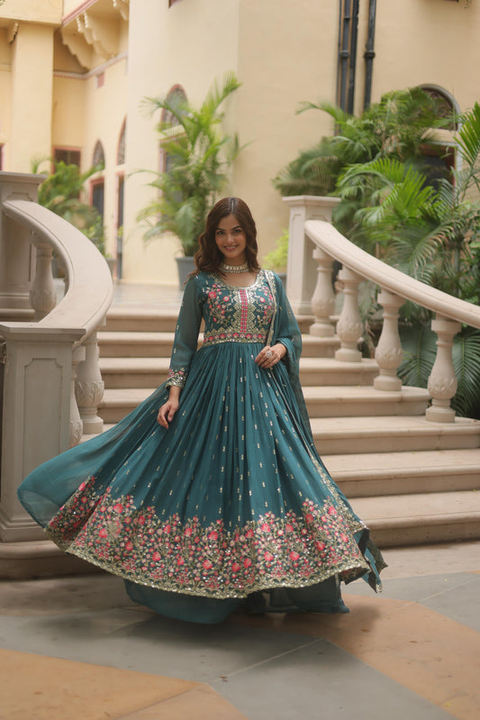Exquisite Teal Anarkali Gown with Multi Color Floral Embroidery