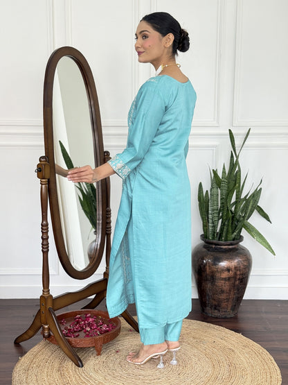 Aqua Blue Straight Kurta Set with Printed Dupatta