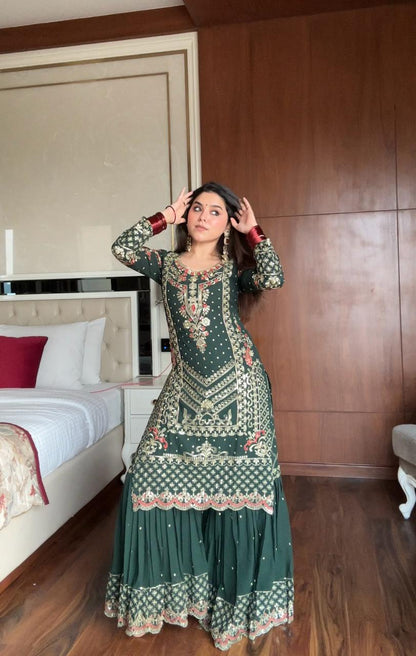 Festive Dark Green Georgette Sharara Set