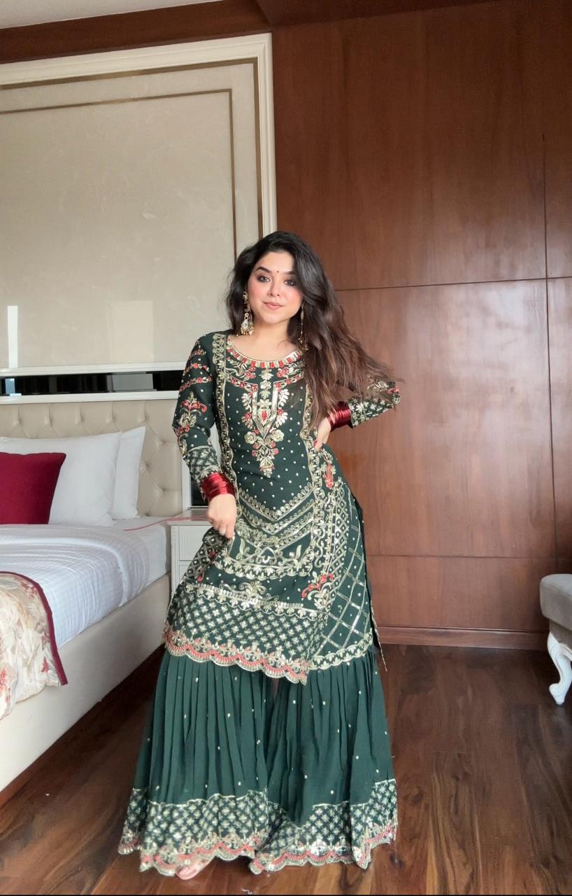 Festive Dark Green Georgette Sharara Set